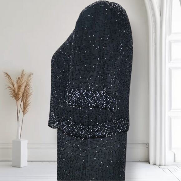 Vintage Beaded Silk Evening Gown Set Black Dress Jacket Size L Formal Gala - Picture 7 of 11